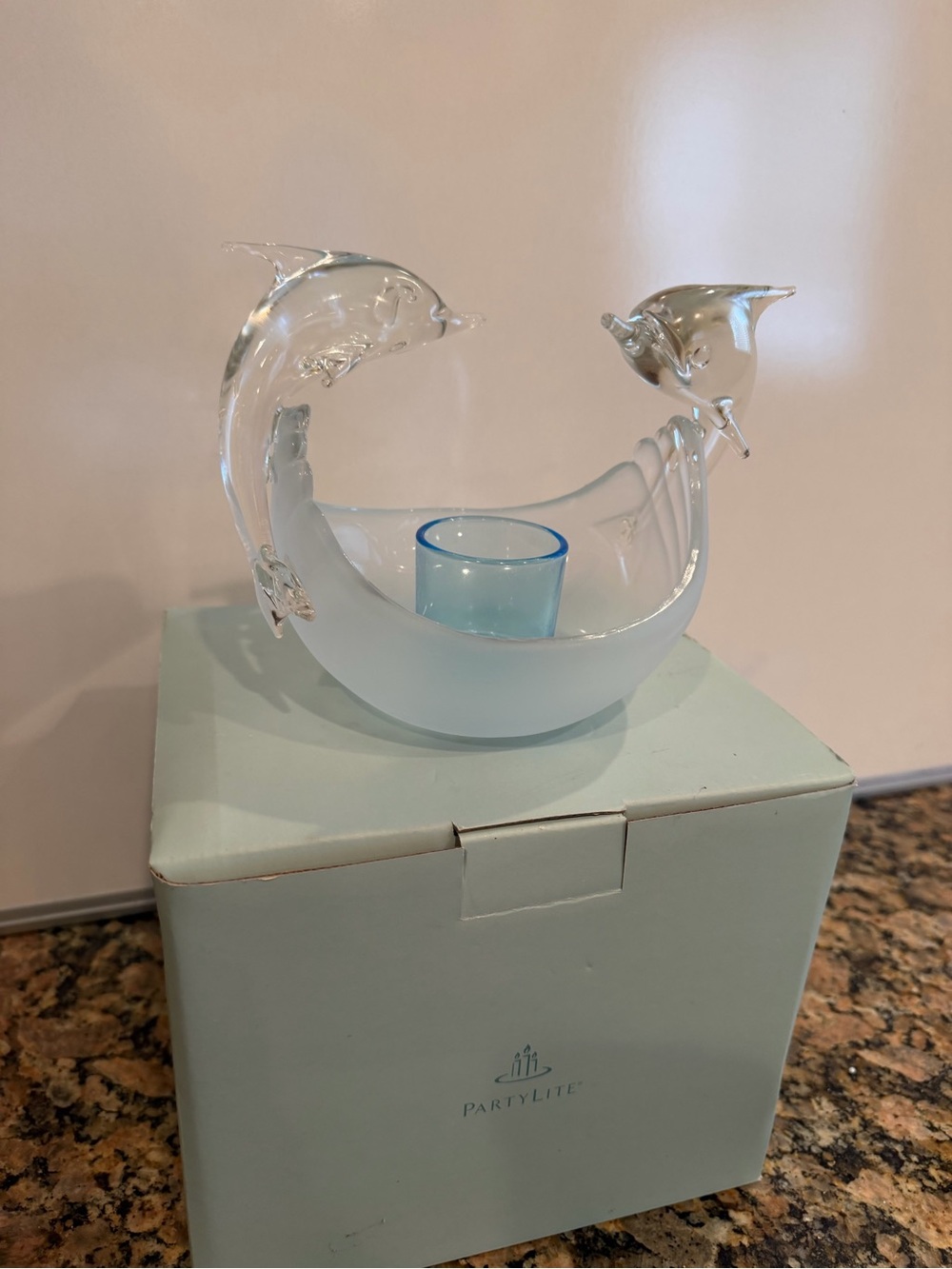 PartyLite Frosted Blue Glass Dolphin Votive Holder